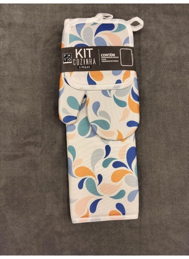 طقم مجفف مطبخ مع قفاز وحامل صينية، 3 قطع، بنقشة أدوات باللون الأزرق، خامة سريعة الجفاف. - Image 2