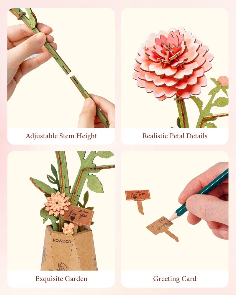Rowood Pink Dahlia 3D Puzzles for Adults,DIY Wooden Flower Building Craft Kits for Women,Botannical Collection Home Decor,Christmas/Birthday/Mothers Day/Valentine's Day Gift - Image 3