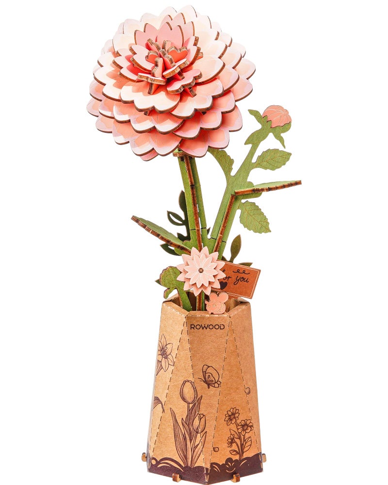 Rowood Pink Dahlia 3D Puzzles for Adults,DIY Wooden Flower Building Craft Kits for Women,Botannical Collection Home Decor,Christmas/Birthday/Mothers Day/Valentine's Day Gift - Image 1