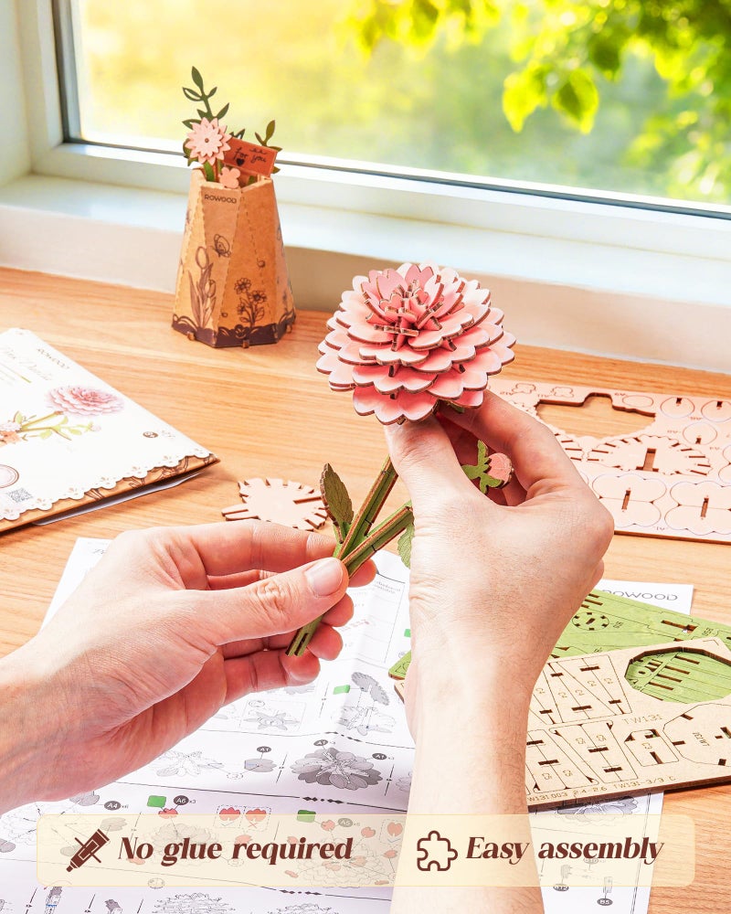 Rowood Pink Dahlia 3D Puzzles for Adults,DIY Wooden Flower Building Craft Kits for Women,Botannical Collection Home Decor,Christmas/Birthday/Mothers Day/Valentine's Day Gift - Image 2