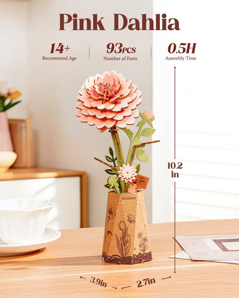Rowood Pink Dahlia 3D Puzzles for Adults,DIY Wooden Flower Building Craft Kits for Women,Botannical Collection Home Decor,Christmas/Birthday/Mothers Day/Valentine's Day Gift - Image 5