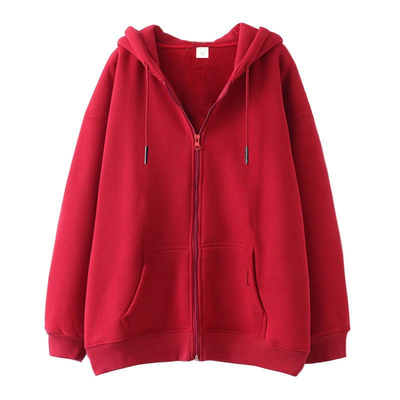Generic Solid Color Cross-border Sweater Supply Full Zip Hoodie Mens Blank Cardigan Zip Hoodie Sweater in stock Red (short zipper) 