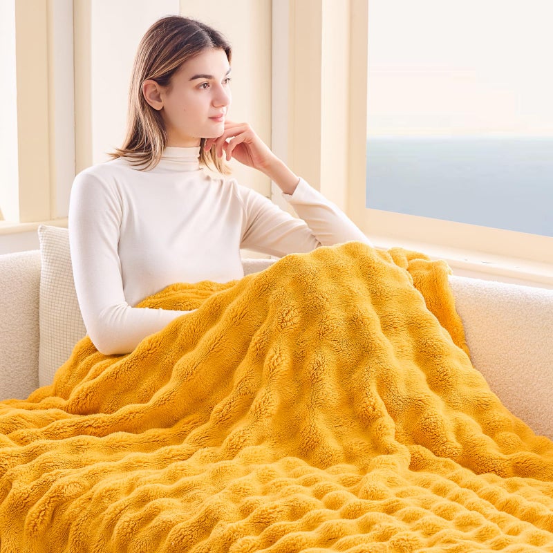 NEWCOSPLAY Twin Blanket for Couch Mustard Yellow Super Soft Flannel Fleece 3D Bubble Lightweight Bed Blanket All Season Use (Mustard Yellow  Twin(60 ""x80 "")) - Image 3