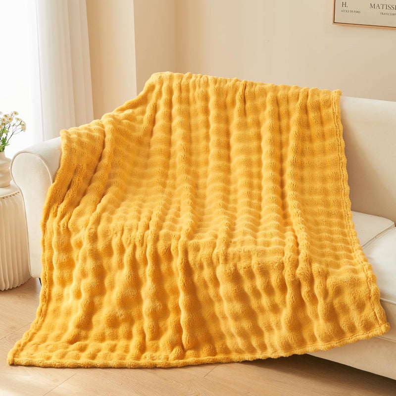 NEWCOSPLAY Twin Blanket for Couch Mustard Yellow Super Soft Flannel Fleece 3D Bubble Lightweight Bed Blanket All Season Use (Mustard Yellow  Twin(60 ""x80 "")) - Image 2