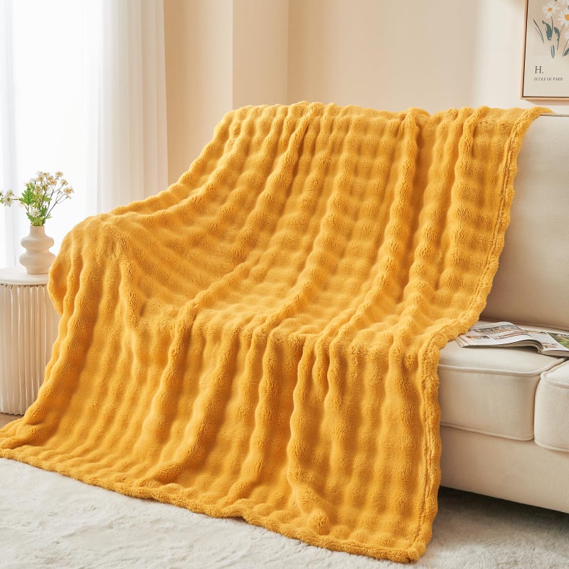 NEWCOSPLAY Twin Blanket for Couch Mustard Yellow Super Soft Flannel Fleece 3D Bubble Lightweight Bed Blanket All Season Use (Mustard Yellow  Twin(60 ""x80 "")) - Image 1