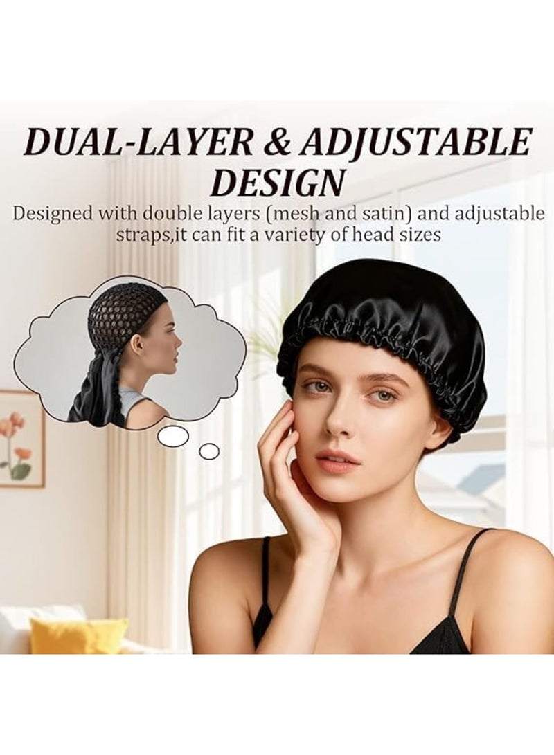 SYOSI Silk Hair Bonnet, 2-in-1 Reversible Adjustable Satin Hair Wrap Cap with Double Layer Nettie Band, Protects Curly, Natural and Braided Hair for Sleeping, Silk Press or Night Care, Black - Image 3