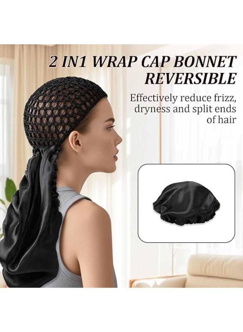 SYOSI Silk Hair Bonnet, 2-in-1 Reversible Adjustable Satin Hair Wrap Cap with Double Layer Nettie Band, Protects Curly, Natural and Braided Hair for Sleeping, Silk Press or Night Care, Black - Image 2