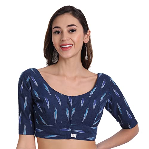 JISB Women's Ikkat Cotton Elbow Length Sleeves Saree Blouse (46, Blue) - Image 1