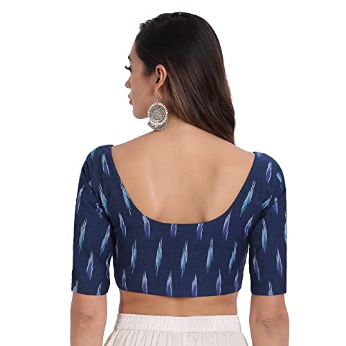 JISB Women's Ikkat Cotton Elbow Length Sleeves Saree Blouse (46, Blue) - Image 3