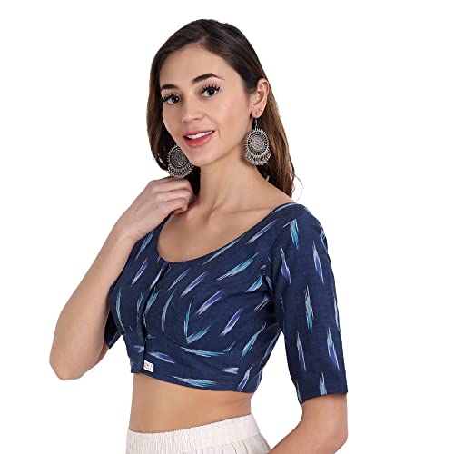 JISB Women's Ikkat Cotton Elbow Length Sleeves Saree Blouse (46, Blue) - Image 2