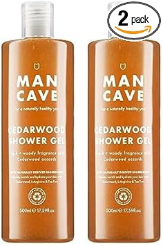 ManCave جل استحمام مان كايف من خشب الأرز 500 مل للرجال برائحة الخشب المنعشة تركيبة طبيعية خالية من الكبريتات والبارابين صديقة للنباتيين أنبوب مصنوع من البلاستيك المعاد تدويره مصنوع في إنجلترا عبوة من 2 - Image 1