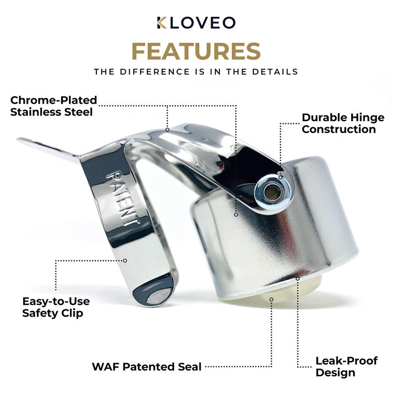 KLOVEO Champagne Stoppers by Kloveo - Patented Seal - Made in Italy - Professional Grade WAF Champagne Bottle Stopper - Prosecco, Cava, and Sparkling Wine Stopper - Chrome, 2-Pack  - Image 3