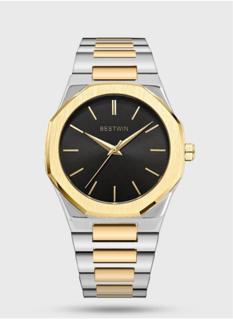 Bestwin A high-quality, waterproof steel men's watch from Bestwin, a silver and gold bracelet with a black dial, inspired by the famous D1 Milano watches 