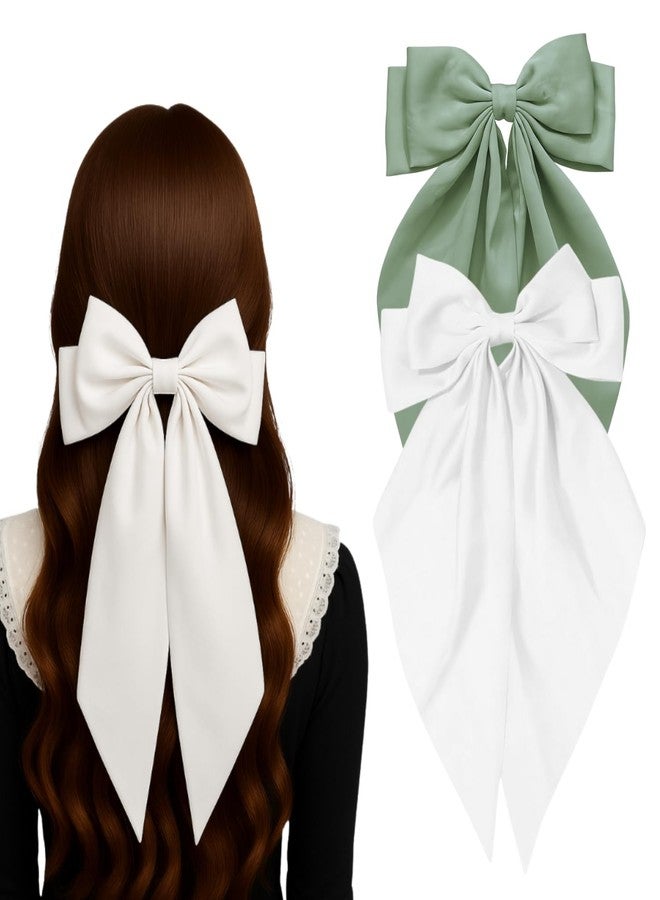 ANNACREATIONS ANNA CREATIONS 2 Pcs Large Satin Bow Hair Barrette Clips for Women & Girls - Strong Hold, Elegant Long Tail Hair Accessories for Parties, Weddings Wear & Gifting (WHITE-GREEN) - Image 1