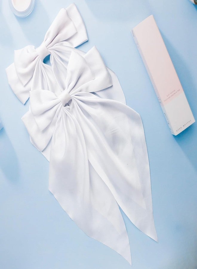 ANNACREATIONS ANNA CREATIONS 2 Pcs Large Satin Bow Hair Barrette Clips for Women & Girls - Strong Hold, Elegant Long Tail Hair Accessories for Parties, Weddings Wear & Gifting (WHITE-GREEN) - Image 2