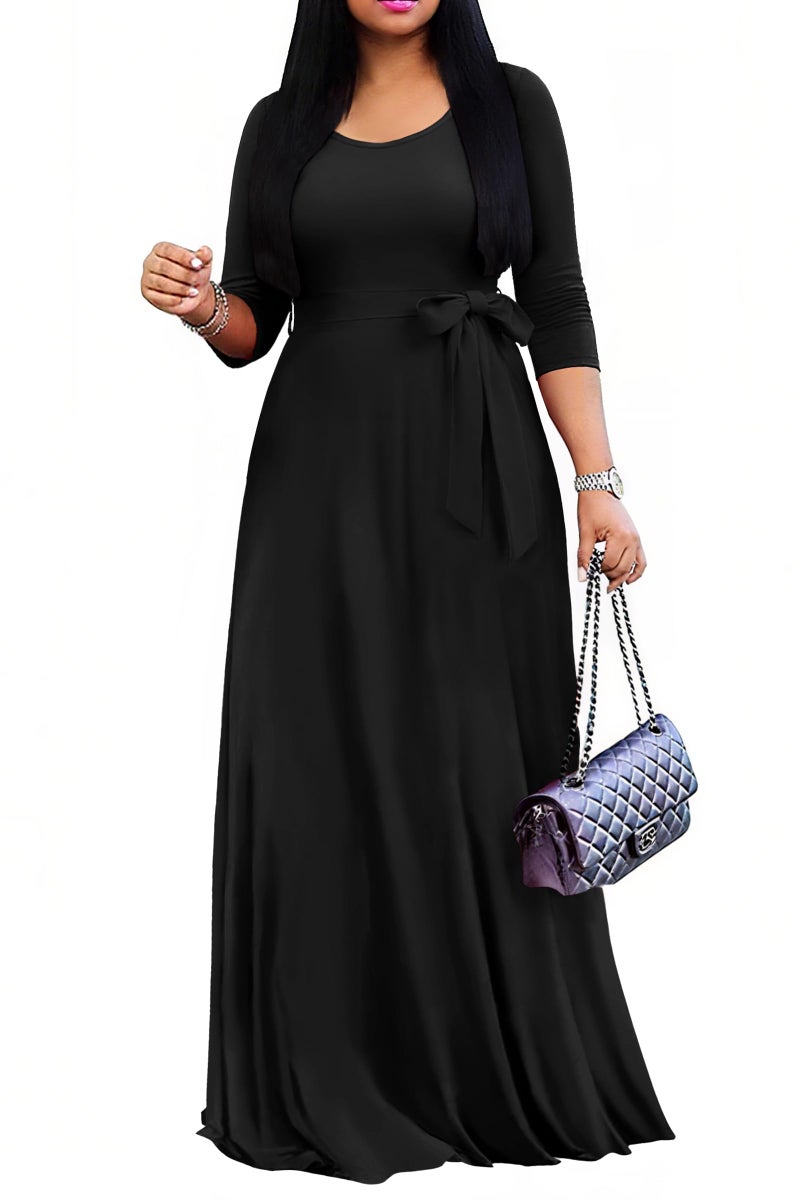 FANDEE Maxi Dress for Women 2026, Long Casual Empire Waist Dresses 3/4 Sleeve Round Neck with Belt XL - Image 1