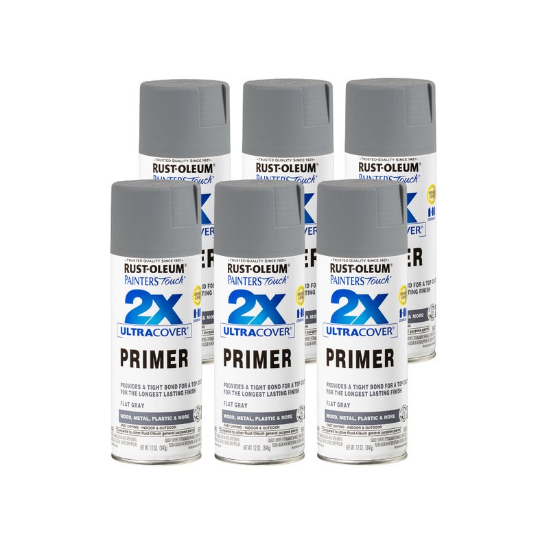 Rust-Oleum 334017-6PK Painter's Touch 2X Ultra Cover Primer Spray, 12 oz, Flat Gray, 6 Pack - Image 1
