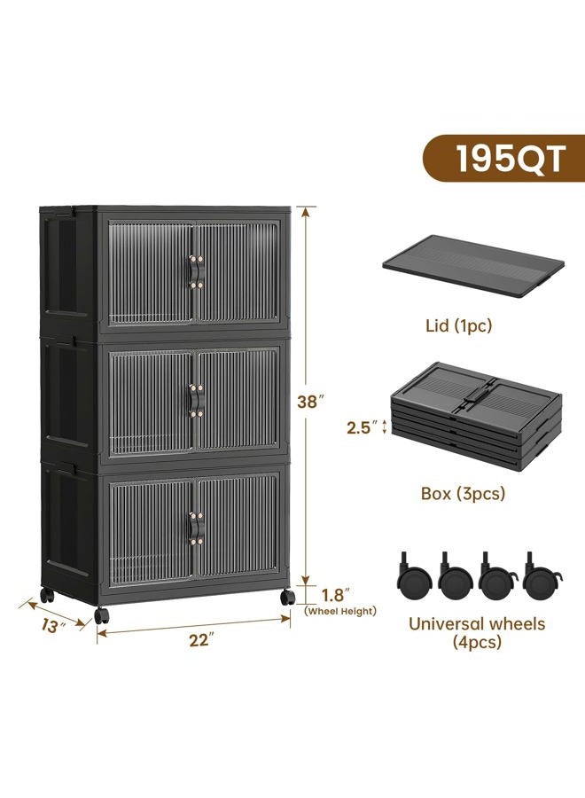 SAILUN 49Gal/195Qt Stackable Storage Bins Folding Collapsible Storage Bins with Lid, Closet Organizers and Storage Box with Door Black 22" W x 13" D x 38" H - Image 2