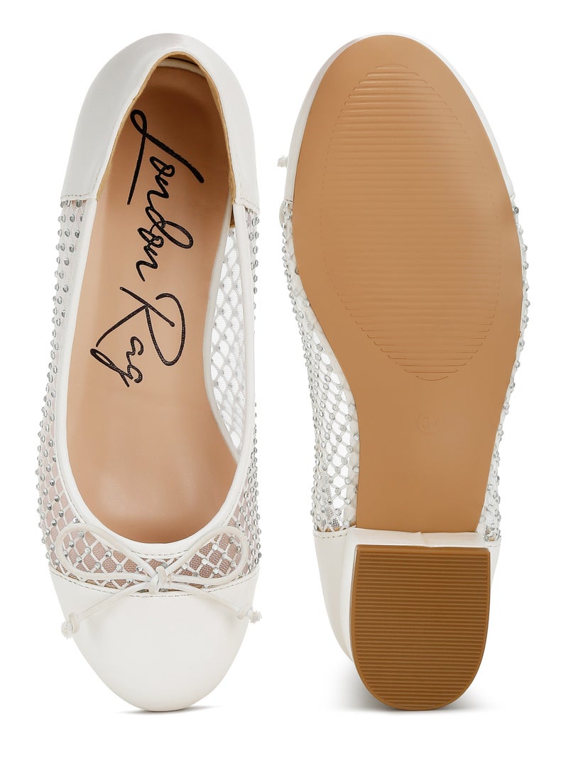 London Rag Rhinestone Detail Mesh Ballerinas in White  - Image 4