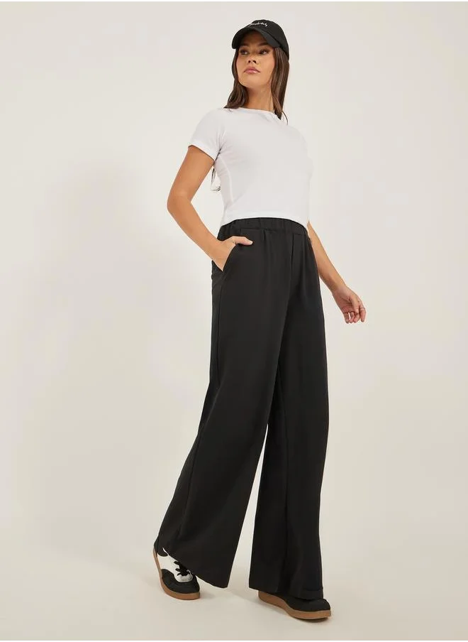 Styli Solid Elasticated Waistband Wide Leg Joggers with Pockets