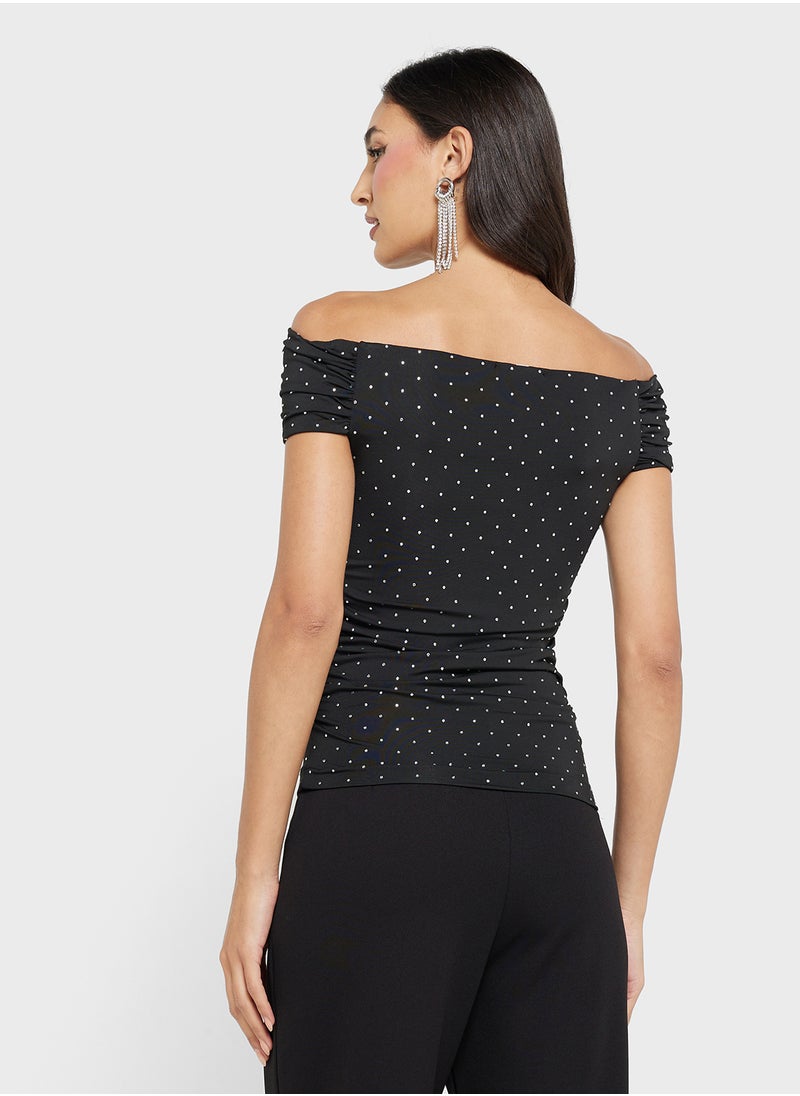 Off Shoulder Polka Dot Fitted Top