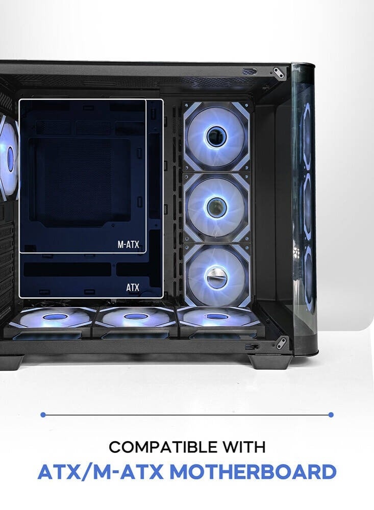 تورتوكس علبة ألعاب Curvo ATX، لوحة أمامية منحنية، 7 مراوح ARGB PWM مثبتة مسبقًا بقطر 120 مم، دعامة مشعاع 360 مم، 10 فتحات مراوح بقطر 120 مم، 7 فتحات توسعة، فولاذ SPCC بسمك 0.7 مم + زجاج مقسّى، منفذ USB Type-C | أسود - Image 2