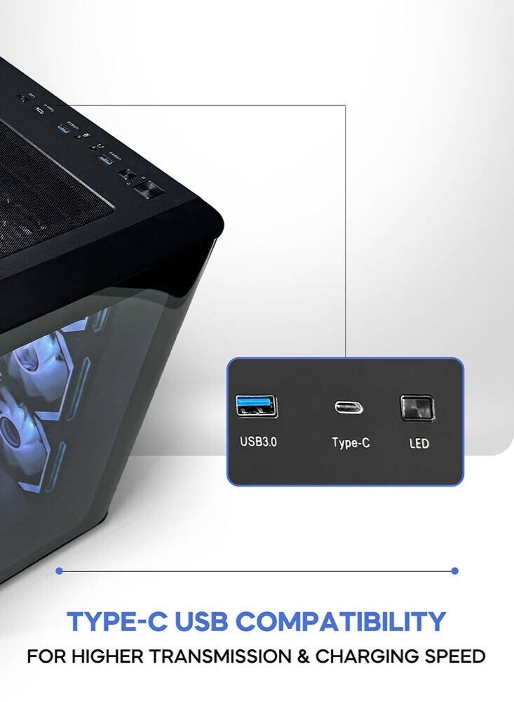 تورتوكس علبة ألعاب Curvo ATX، لوحة أمامية منحنية، 7 مراوح ARGB PWM مثبتة مسبقًا بقطر 120 مم، دعامة مشعاع 360 مم، 10 فتحات مراوح بقطر 120 مم، 7 فتحات توسعة، فولاذ SPCC بسمك 0.7 مم + زجاج مقسّى، منفذ USB Type-C | أسود - Image 5