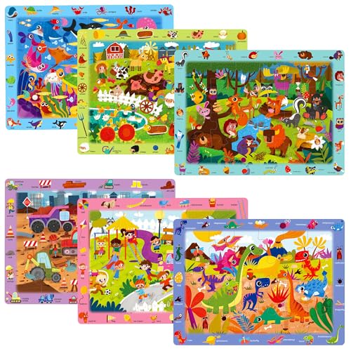 BenBen Large Wooden Puzzles for Kids Ages 46 6 Pack 24 Piece Search and Find Puzzles for Toddlers 35 Educational Learning Toys Gifts for 3 4 5 Year Old Boys Girls - Image 1