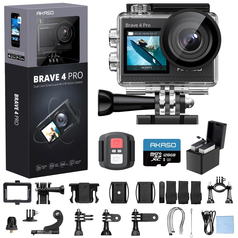 AKASO Brave 4 Pro 4K30 Action Camera with 128GB MicroSD U3 Card, 131FT Underwater Waterproof Camera EIS Touch Screen Remote Control with 2x1350mAh Batteries and Helmet Accessories Kit Bundle - Image 1