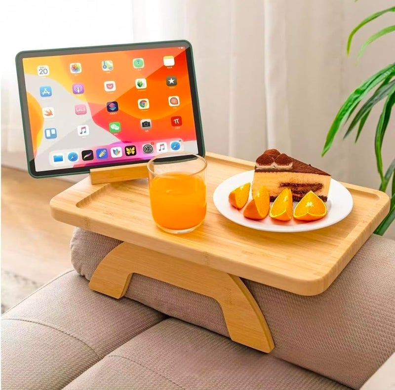 Sofa Arm Tray Table, Portable Couch Side Table with Phone Holder, Foldable Wood Serving Platform for Snacks and Drinks, Natural Finish - Image 2