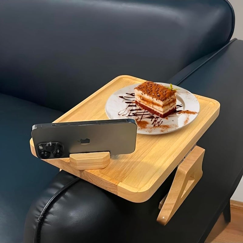 Sofa Arm Tray Table, Portable Couch Side Table with Phone Holder, Foldable Wood Serving Platform for Snacks and Drinks, Natural Finish - Image 3