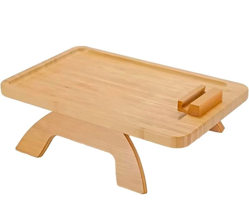 Sofa Arm Tray Table, Portable Couch Side Table with Phone Holder, Foldable Wood Serving Platform for Snacks and Drinks, Natural Finish - Image 1