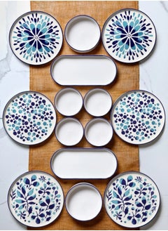 Farika Porselen 14-Piece 6-Person Stackable Blue Ethnical Breakfast Set  - Image 1