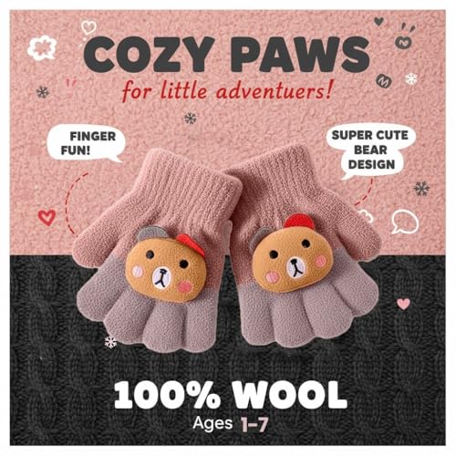 SOLDTRUE Baby Winter Gloves for 1-7 Years | Cute Teddy Bear Design Full Finger Knitted Hand Gloves | Warm, Windproof, Flexible, Gift for Kids (Pink) - Image 2