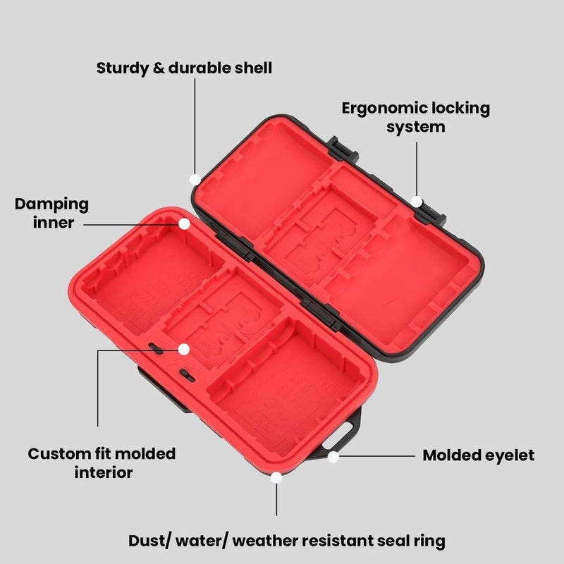 Schsteindar ® Camera Battery Memory Card Case, Professional Water-Resistant Anti-Shock Holder for 2 Camera Batteries, 4 SD Cards, 6 TF Cards, 2 CF Cards or 2 XQDs (Color - Red and Black) - Image 4
