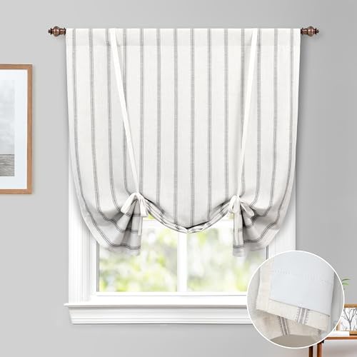 DriftAway Farmhouse Double Layer Linen Blackout Tie Up Curtains Thermal Insulated Vertical Striped Fully Lined Balloon Roman Shade Bathroom Window Adjustable Rod Pocket 45 Inch by 63 Inch Gray - Image 1