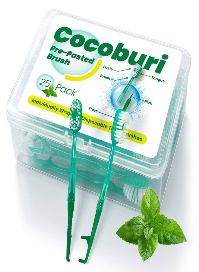 COCOBURI فرشاة أسنان صغيرة للاستخدام مرة واحدة من كوكوبوري مع معجون أسنان + فرشاة + خيط تنظيف الأسنان + عود تنظيف الأسنان + مكشطة لسان - فرشاة أسنان محمولة جاهزة للاستخدام - مغلفة بشكل فردي - للعناية بالفم - بنكهة النعناع - فرشاة أسنان صغيرة محمولة - 25 قطعة - Image 1