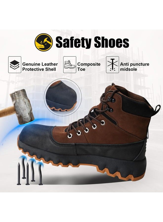 Peeldicou Mens work boots Composite Toe Boots for Men Genuine Leather Rubber Sole No Slip Waterproof Shoes Industrial & Construction Safety boots, Brown, 9.5 - Image 2
