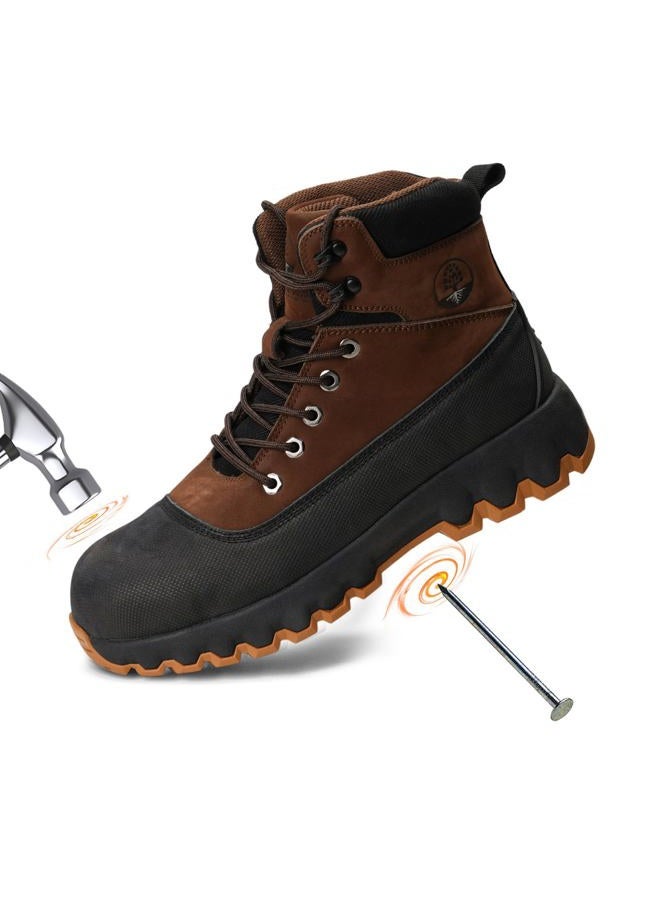 Peeldicou Mens work boots Composite Toe Boots for Men Genuine Leather Rubber Sole No Slip Waterproof Shoes Industrial & Construction Safety boots, Brown, 9.5 - Image 1