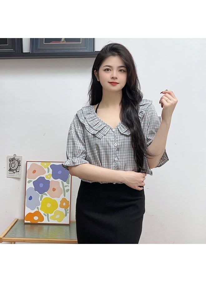 Generic - 300kg Extra-large Women's Chubby Girl French V-neck Ruffled Short Sleeve Shirt Bubble Sleeve Loose Summer Coat Women - Image 1