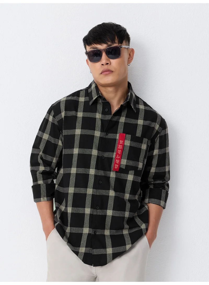 The Souled Store: Raven Men and Boys Long Sleeve Spread Collar Black and Beige Checks Cotton Relaxed Shirt