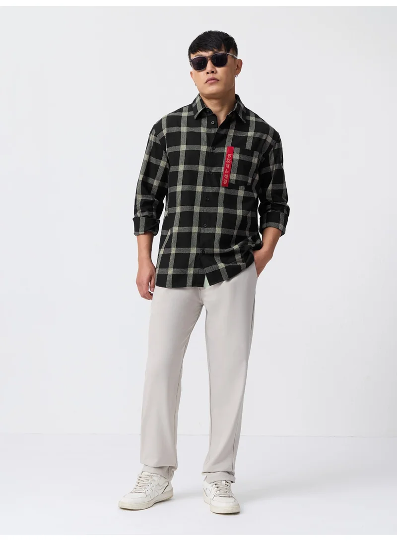 The Souled Store  The Souled Store: Raven Men and Boys Long Sleeve Spread Collar Black and Beige Checks Cotton Relaxed Shirt  | Best Price UAE