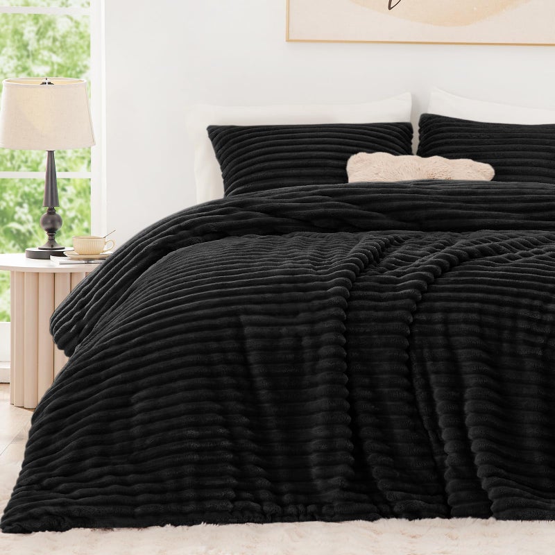 EXQ Home Fluffy Comforter Set King Size  Super Soft Faux Fur Stripe Jacquard Comforter 3 Pieces Black Fleece Bedding SetWinter Warm Bed Set1 Comforter with 2 Pillowcases