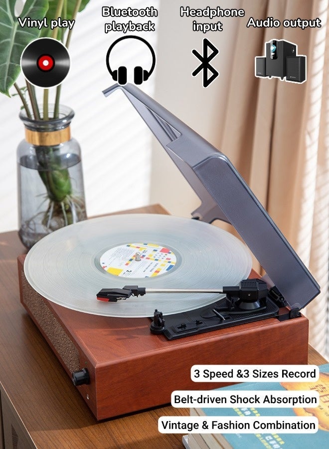Portable Vinyl Record Retro Phonograph, High-Fidelity Wooden PU Leather 3 Speed Gramophone, Portable Suitcase Record Player with Built-in Speakers, Bluetooth Wireless Playback, Auto Off, Suitable for Home Decoration and Gift, Red - Image 1