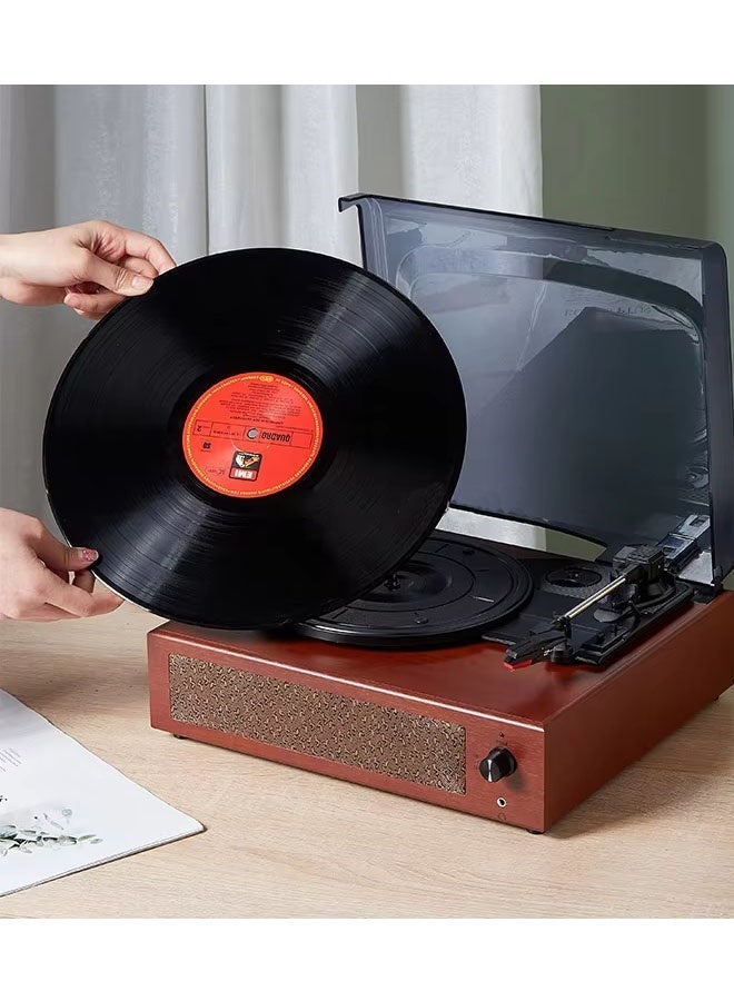 Portable Vinyl Record Retro Phonograph, High-Fidelity Wooden PU Leather 3 Speed Gramophone, Portable Suitcase Record Player with Built-in Speakers, Bluetooth Wireless Playback, Auto Off, Suitable for Home Decoration and Gift, Red - Image 3