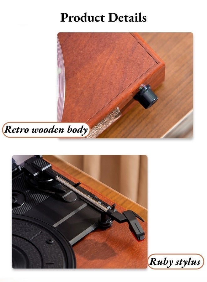 Portable Vinyl Record Retro Phonograph, High-Fidelity Wooden PU Leather 3 Speed Gramophone, Portable Suitcase Record Player with Built-in Speakers, Bluetooth Wireless Playback, Auto Off, Suitable for Home Decoration and Gift, Red - Image 4