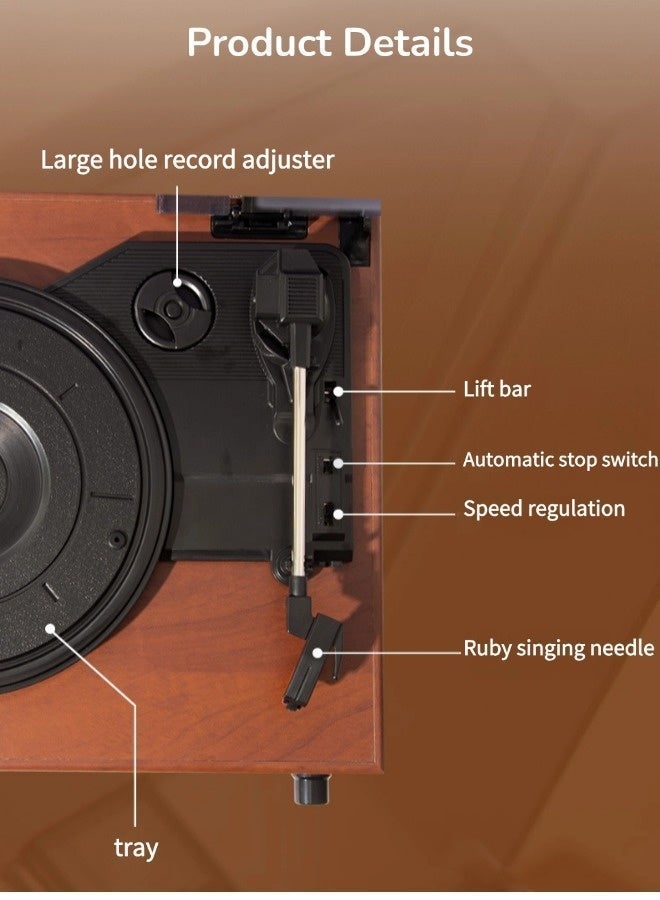 Portable Vinyl Record Retro Phonograph, High-Fidelity Wooden PU Leather 3 Speed Gramophone, Portable Suitcase Record Player with Built-in Speakers, Bluetooth Wireless Playback, Auto Off, Suitable for Home Decoration and Gift, Red - Image 5