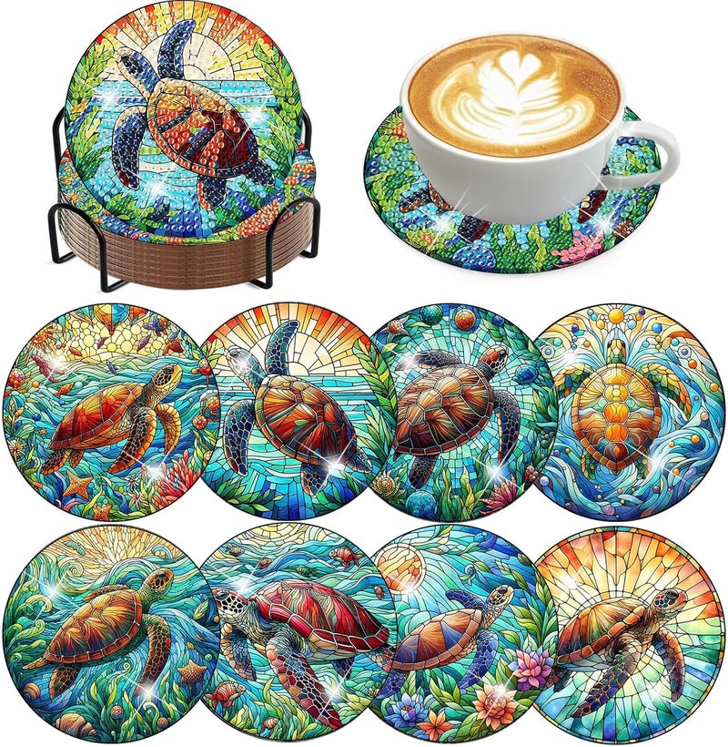 croshom 8 Pieces Diamond Art Painting Coasters Kit, Sea Turtle Diamond Art Coasters, DIY Diamond Art Crafts Projects, Diamond Dot Kits for Adults and Beginners(Turtle Style) - Image 1