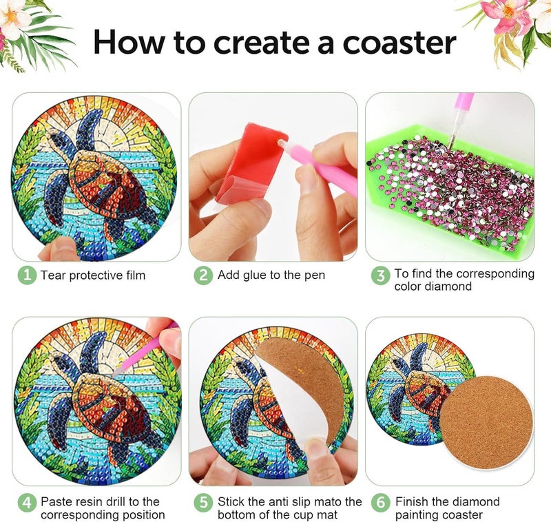 croshom 8 Pieces Diamond Art Painting Coasters Kit, Sea Turtle Diamond Art Coasters, DIY Diamond Art Crafts Projects, Diamond Dot Kits for Adults and Beginners(Turtle Style) - Image 3
