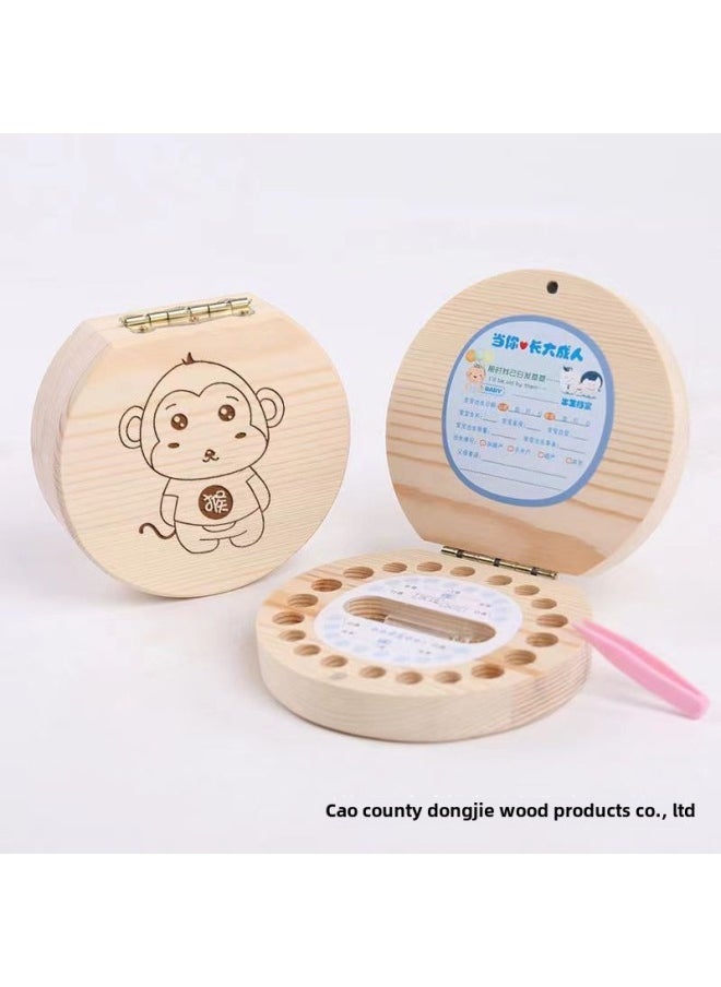 Creative Beech Deciduous Teeth Box Wooden Round Jewelry Ring Packaging Box Children's Replacement Teeth Deciduous Teeth Storage Box-Color:Monkey  - Image 1